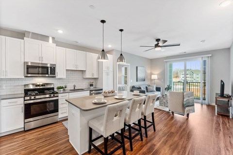 Open concept layout with kitchen and living area filled with natural light